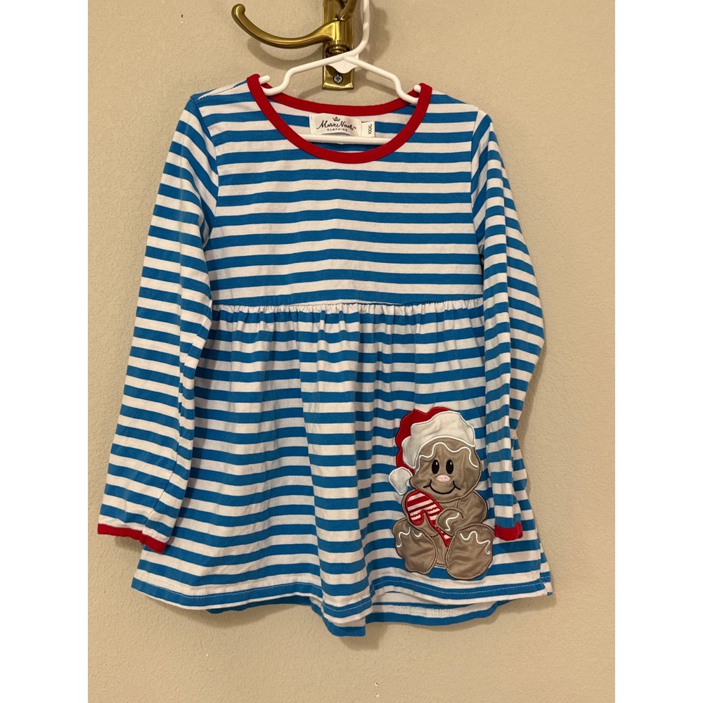 Marie Nicole Tunic Top Girls 7 Blue White Stripe Gingerbread Holiday Long Sleeve
